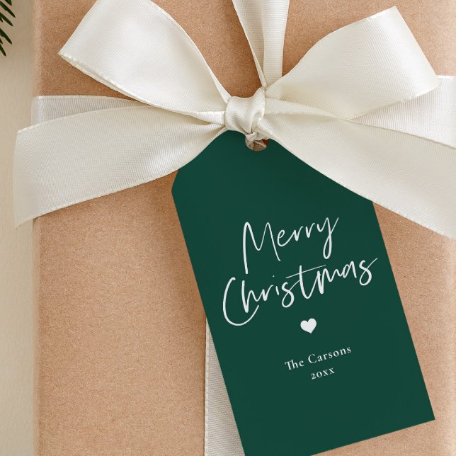Modern Script Grön jul  Presentetikett (Simple green and white script merry christmas gift tags.)