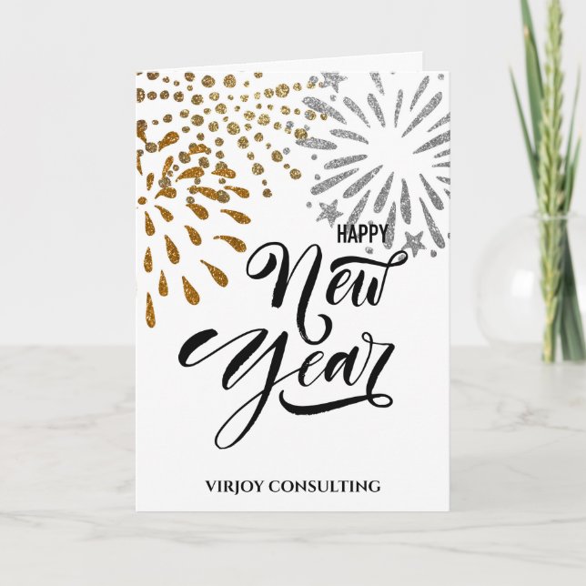 Modern Script Guld Glitter Fireworks Corporation Helgkort (Framsida)