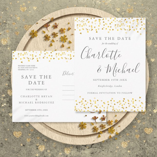 Modern Script Guld Hjärtan Konfetti Spara Datumet Meddelande Vykort (Modern Script Gold Hearts Confetti Save the Date Announcement Postcard)