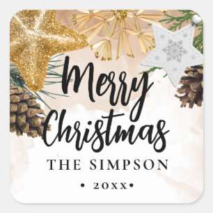 Modern Script Guld Ornaments God jul Fyrkantigt Klistermärke
