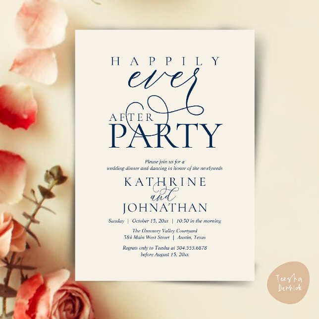 Modern Script Happily Ever After Party Elopement Inbjudningar (Modern Script Happily Ever After Dinner Party Elopement Invitation Card in Navy Blue Ivory)