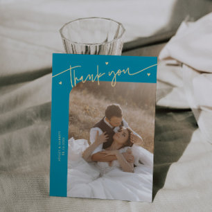Modern Script Heart Aqua Blue Bröllop Tack Kort