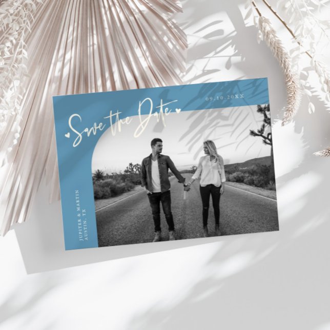 Modern Script Heart Denim Blue Curved Frame Photo Spara Datumet (Skapare uppladdad)