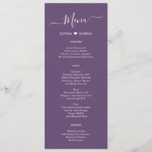Modern Script Heart Mauve Lila Bröllop Menu Card Meny