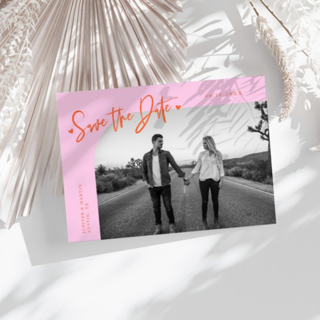 Modern Script Heart Orange Pink Curved Frame Photo Spara Datumet (Skapare uppladdad)