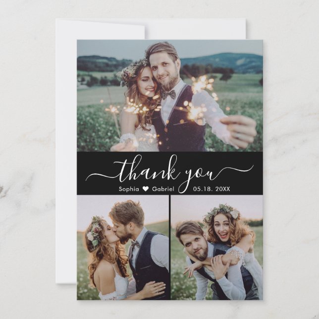 Modern Script Heart Photo Collage Black Bröllop Tack Kort (Framsida)