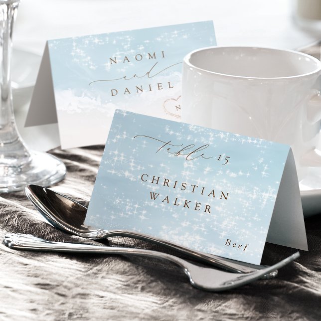 Modern Script Hjärtan Strand Vikbar Platskort Bordsnummer (Modern Script Hearts Beach Foldable Place Card)