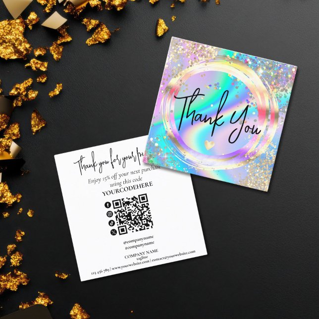 modern script holographic thank you for your order fyrkantigt visitkort (holographic glitter thank you for your business card)