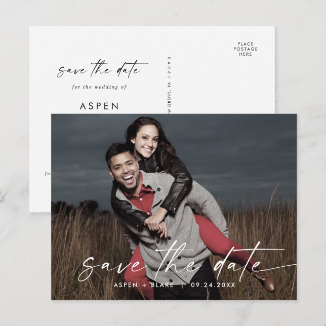 Modern Script Horizontal Dark Photo Save the Date Inbjudan Vykort (Fram/baksida)