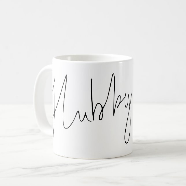 Modern Script Hubby Namn Black White Kaffemugg (Framsida vänster)