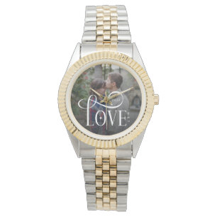 Modern Script Kärlek Anpassad Engagerad Par Foto Armbandsur