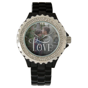 Modern Script Kärlek Anpassad Engagerad Par Foto Armbandsur
