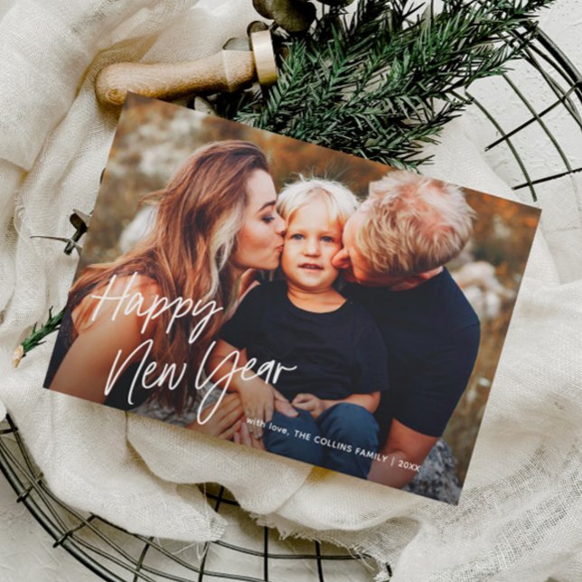 Modern Script Lettering 2 Foto Nyår Julkort (Simple Script 2 Photo New Years Holiday Cards.)