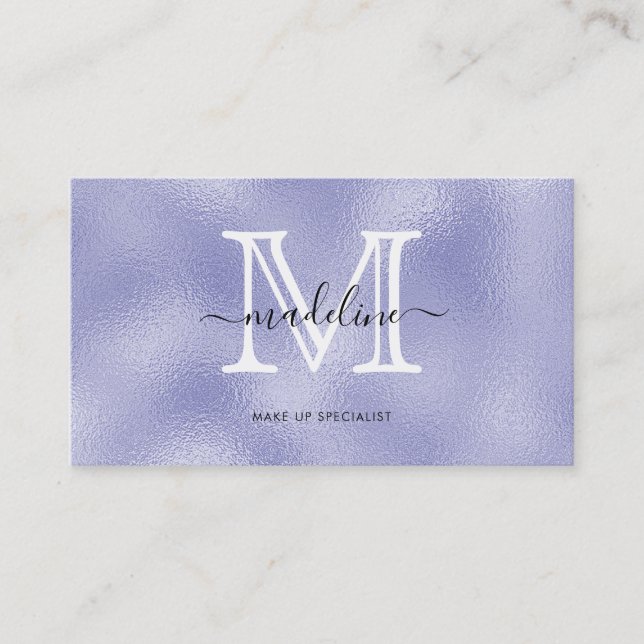 Modern Script Lila Foil Monogram Visitkort (Framsida)