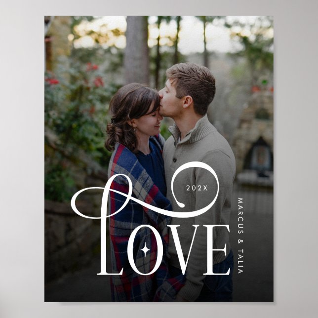 Modern Script Love Anpassad Förlovade Par Foto Poster (Framsidan)