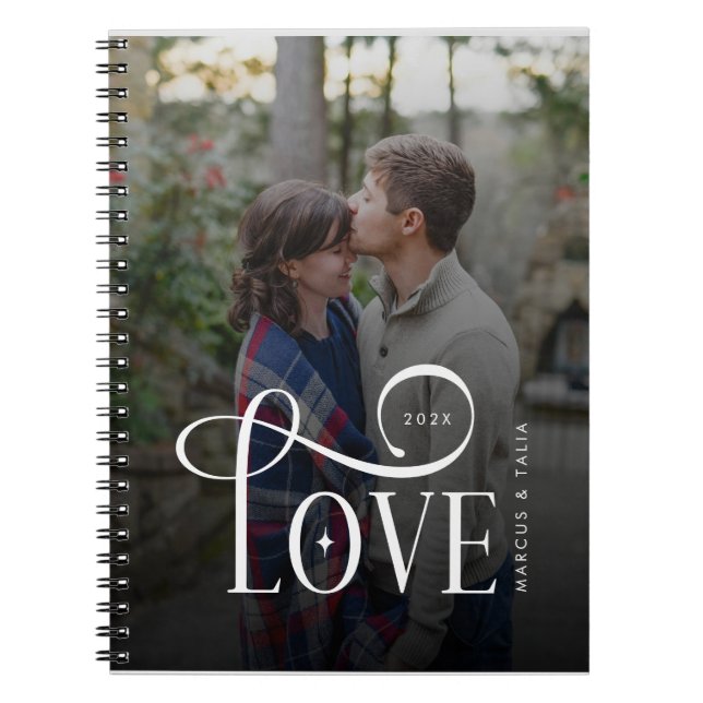 Modern Script Love Custom Engaged Couples Photo Anteckningsbok (Framsidan)