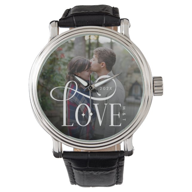 Modern Script Love Custom Engaged Couples Photo Armbandsur (Framsida)
