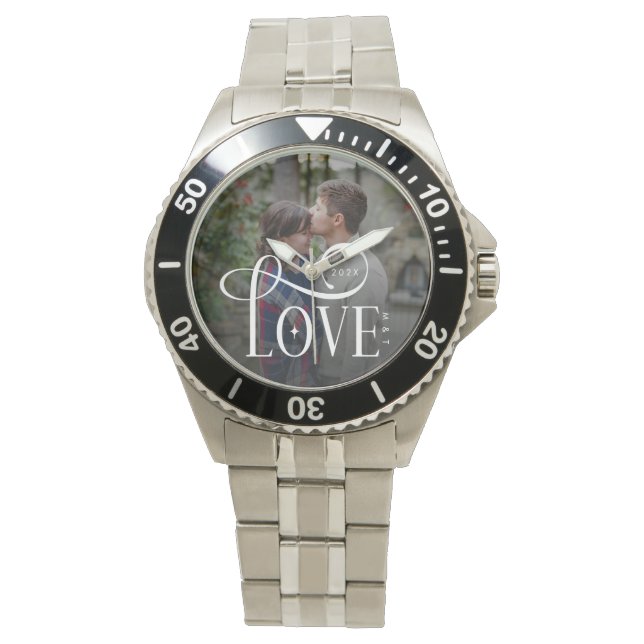 Modern Script Love Custom Engaged Couples Photo Armbandsur (Framsida)