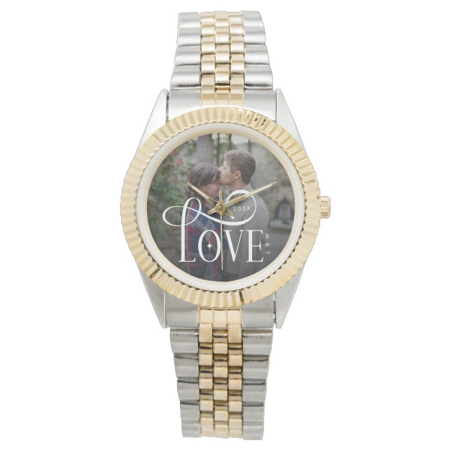 Modern Script Love Custom Engaged Couples Photo Armbandsur (Framsida)