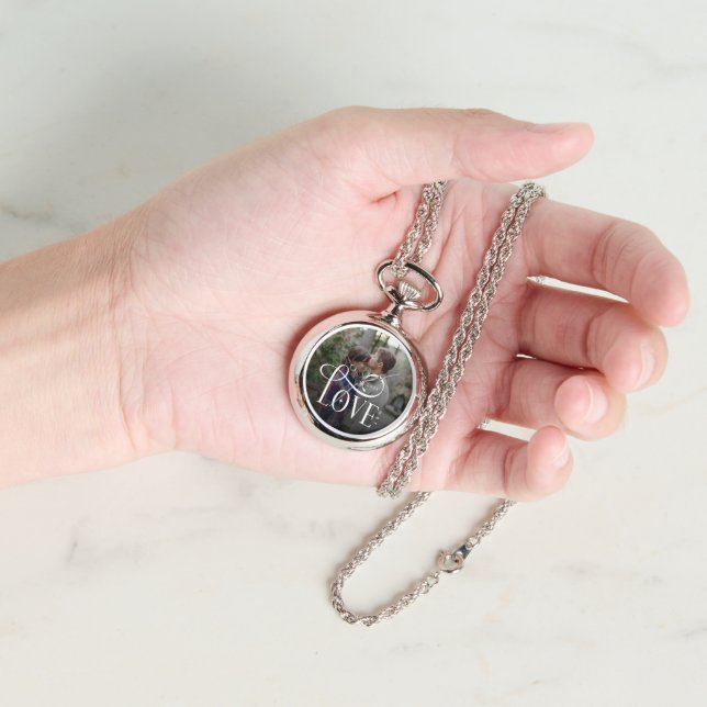 Modern Script Love Custom Engaged Couples Photo Armbandsur (Hand)