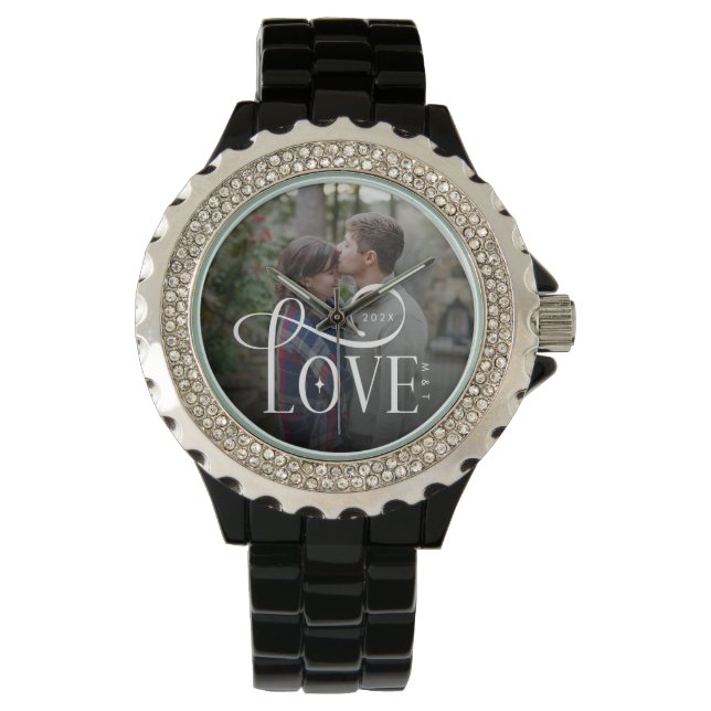 Modern Script Love Custom Engaged Couples Photo Armbandsur (Framsida)