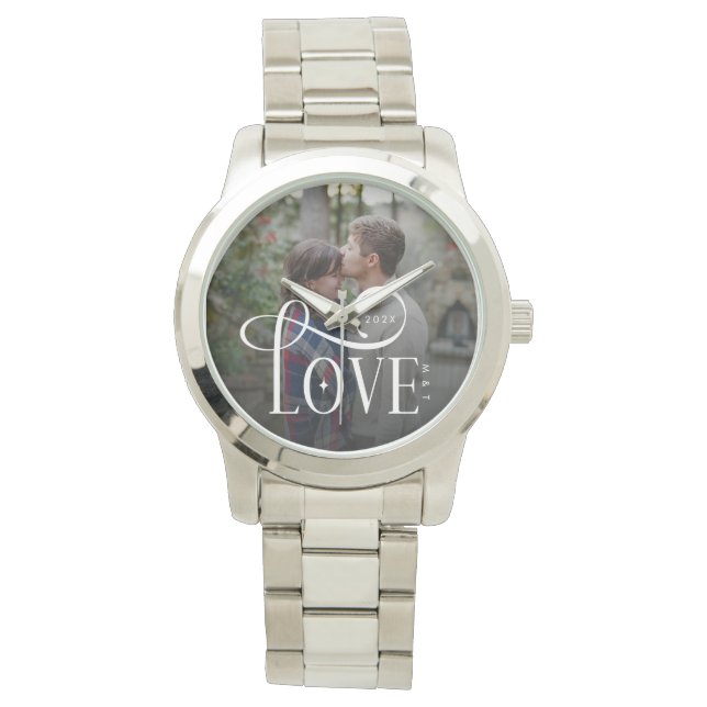 Modern Script Love Custom Engaged Couples Photo Armbandsur (Framsida)