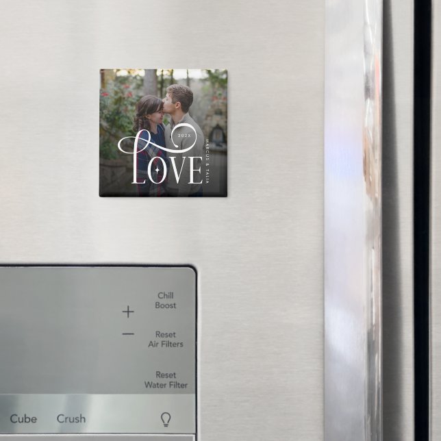 Modern Script Love Custom Engaged Couples Photo Magnet (In Situ (Fridge))