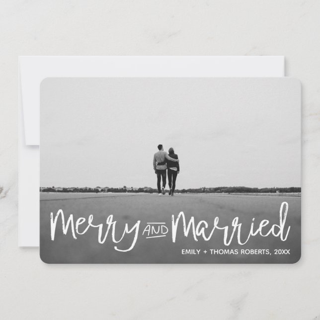 Modern Script Lycklig och Nygift Nygift Par Julkort (Framsida)