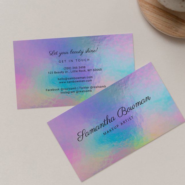 Modern Script Makeup Artist Faux Holografik Visitkort (Modern Holographic Purple Makeup Artist Business Card)