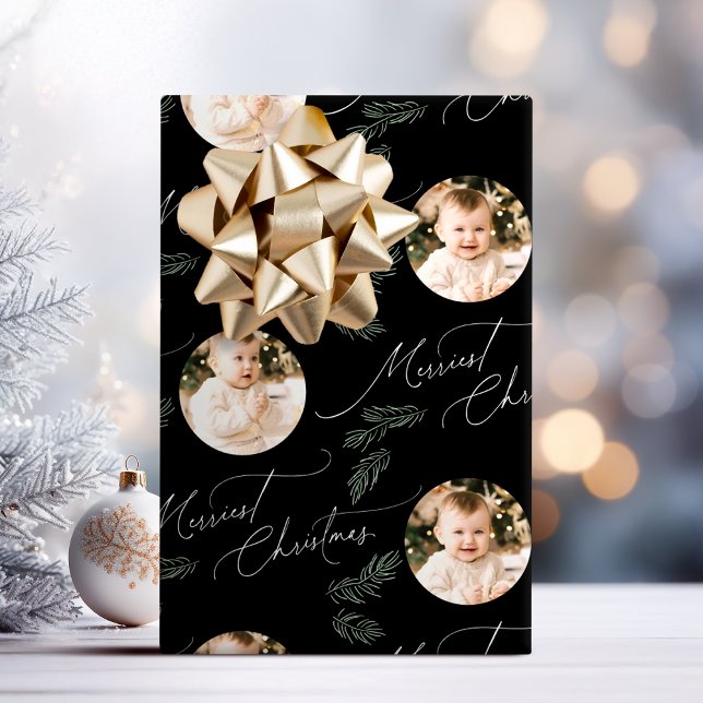 Modern Script Merriest Christmas Family 2 photo Presentpapper (Modern Script Merriest Christmas Family 2 photo Wrapping Paper)
