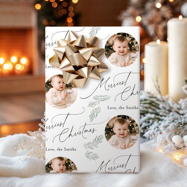 Modern Script Merriest Christmas Family 2 photo Presentpapper (Modern Script Merriest Christmas Family 2 photo Wrapping Paper)