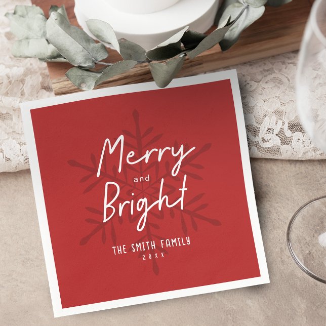 Modern Script Merry & Bright Snowflakes Christmas Pappersservett (Modern Script Merry & Bright Snowflakes Christmas Napkins)