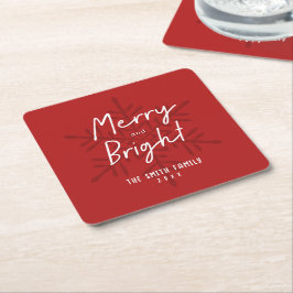 Modern Script Merry & Bright Snowflakes Christmas Underlägg Papper Kvadrat