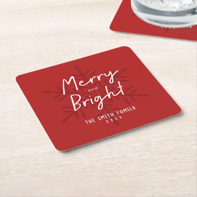 Modern Script Merry & Bright Snowflakes Christmas Underlägg Papper Kvadrat (Vinklad)