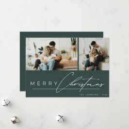Modern Script Minimal Photo Green Merry Christmas Julkort