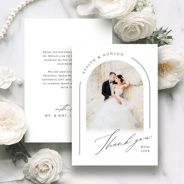 Modern Script Minimalistisk Foto Båge Bröllop Tack Kort (Modern Script Minimalist Photo Arch Wedding Thank You Card)