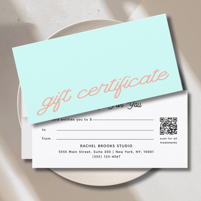 Modern Script Mint QR-kod presentkort (Modern Script Mint QR Code Gift Certificate)