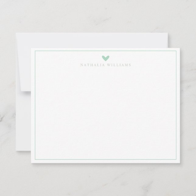 Modern Script Mintgrön Hjärtgräns Monogram Anteckningskort (Framsida)