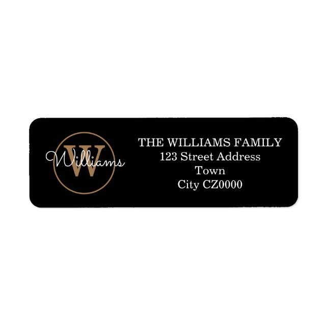 Modern Script Monogram Black White Guld Adress Returadress Etikett (Framsidan)