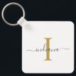 Modern Script Monogram Elegant Name Nyckelring<br><div class="desc">Gold Gray Monogram Script Name Modern keychain you can easily edit with your name and initial by clicking the "Personalize" button. Completely change the colors of the text and background when you select the "Customize this" link.</div>