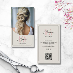 Modern Script Monogram Hair Stylist Salon Photo QR Visitkort