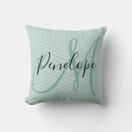 Modern Script Monogram Honeycomb Teal Kudde