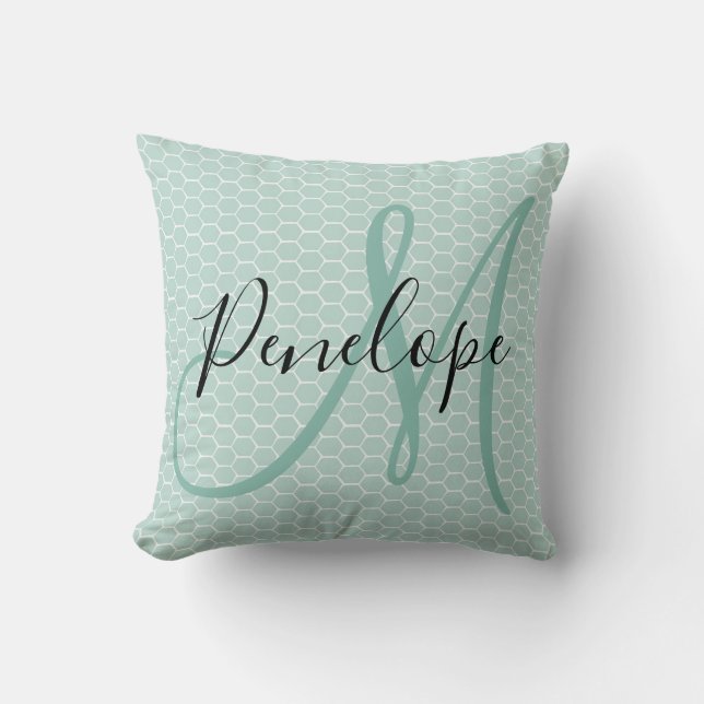 Modern Script Monogram Honeycomb Teal Kudde (Framsida)