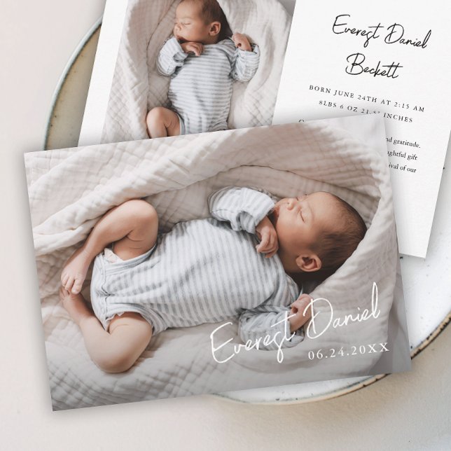Modern Script Namn Foto Baby  Tack Kort (Simple Script Photo Baby Thank You Cards.)