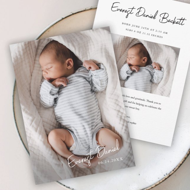 Modern Script Namn Foto Baby  Tack Kort (Simple Script Photo Baby Thank You Cards.)