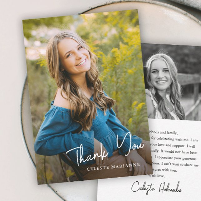 Modern Script Namn Foto Examen  Tack Kort (Simple script photo graduation thank you cards.)