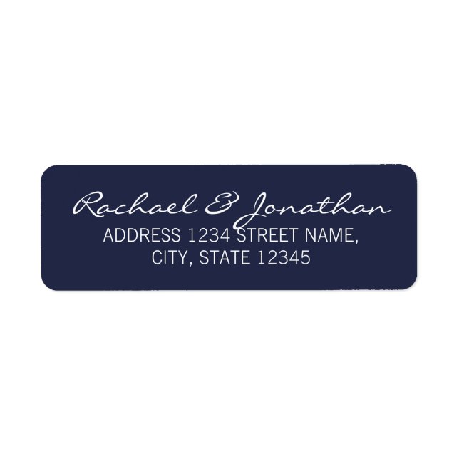 Modern Script Nautical Navy Blue Bröllop Returadress Etikett (Framsidan)