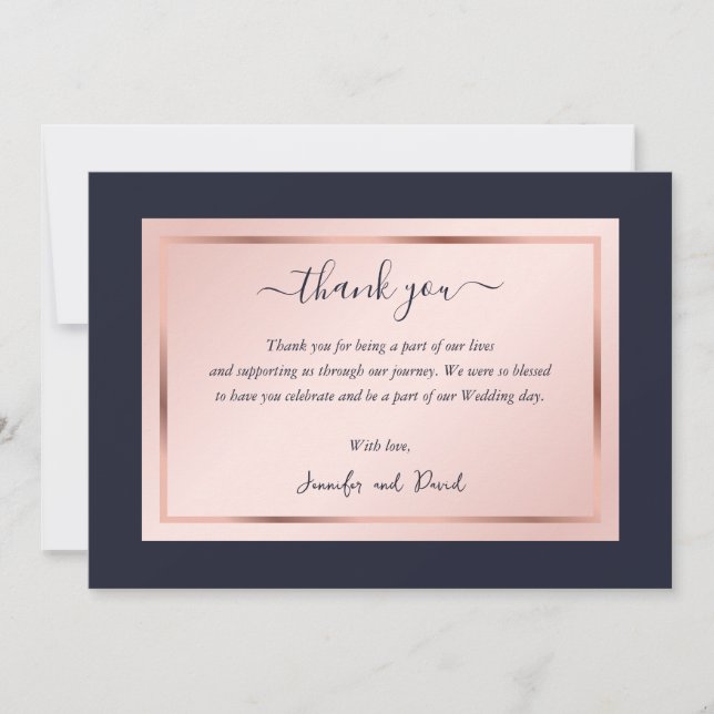 Modern Script Navy Blue Blush Rose Guld Tack Kort (Framsida)