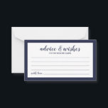 Modern Script Navy Blue Bröllop Advice och Önskemå Rådkort<br><div class="desc">Modern Script Navy Blue Bröllop Advice och Önskemål Card med titel i marint blått modernt skriptteckensnitt med detaljer i marint blått modernt sans serif-teckensnitt på vit bakgrund med marin blå gräns.</div>