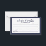 Modern Script Navy Blue Bröllop Advice och Önskemå Rådkort<br><div class="desc">Modern Script Navy Blue Bröllop Advice och Önskemål Card med titel i marint blått modernt skriptteckensnitt med detaljer i marint blått modernt sans serif-teckensnitt på vit bakgrund med marin blå gräns.</div>